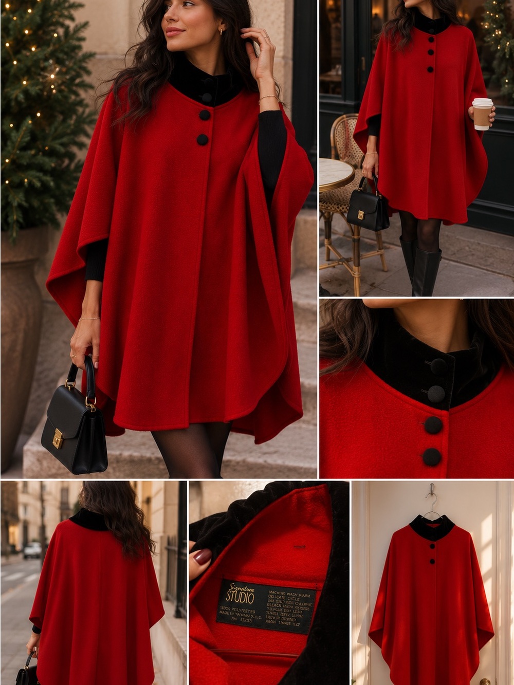 Signature Studio Red Cape Coat with Black Velvet Collar